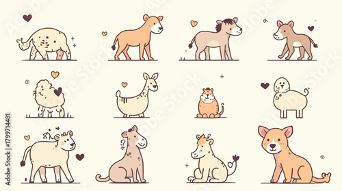 A delightful collection of cute cartoon baby animal illustrations with charming simple designs.