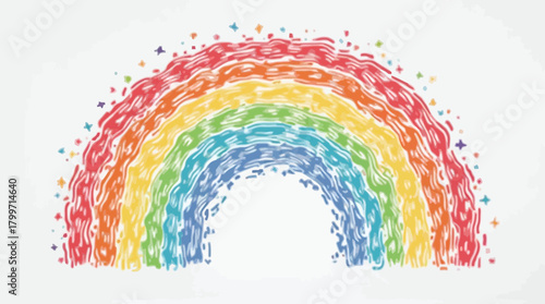 Vibrant textured rainbow illustration with sparkling colorful elements on a white background.