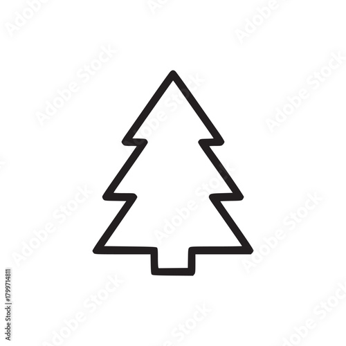 A simple black outline of a christmas tree with three tiers and a small trunk on a white background