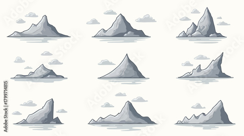 Collection of stylized grey mountain peak vector illustrations with clouds