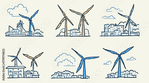 Illustrations of wind turbines in diverse urban and industrial landscapes representing clean energy.