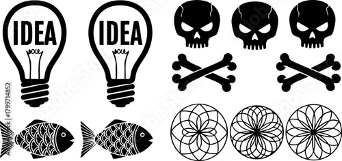 Set of creative idea light bulbs skull and crossbones fish and geometric mandala vector icons collection