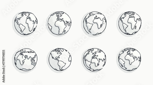 A collection of hand-drawn sketchy earth globe illustrations showing different continents and oceans.