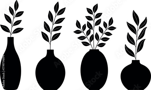 Four black silhouette vases with leafy branches, isolated on a white background, vector set for modern minimalist home decor.
