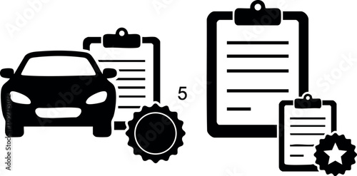 Car insurance policy documents with clipboards and certification stamps vector icon set for vehicle coverage and legal proof