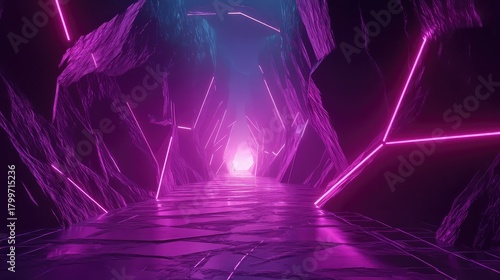 Fototapeta Naklejka Na Ścianę i Meble -  Neon glowing futuristic tunnel path showing dark rock walls