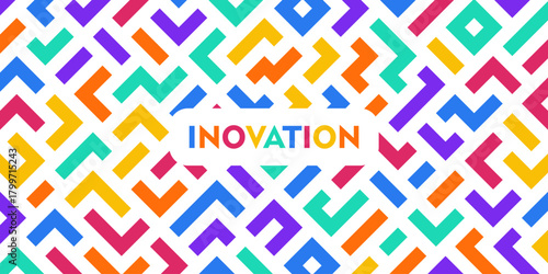 Modern business concept banner with the word innovation on a colorful abstract geometric labyrinth pattern background. Vector illustration