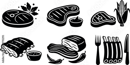 Various types of grilled meat cuts with sauce and corn vector illustration for barbecue and cooking designs