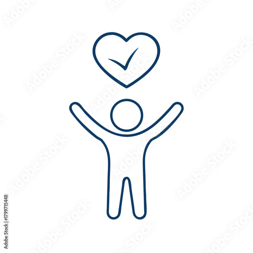Minimal line icon of child figure with digital heart hovering above, representing wellbeing and emotional balance