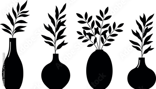 Set of four black silhouette vases with foliage branches, isolated on white background for minimalist modern home decor vector art.