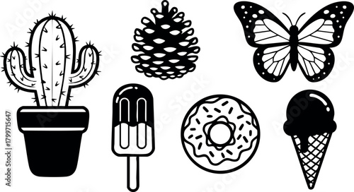 Cactus pinecone butterfly ice cream popsicle donut black silhouette vector icons collection