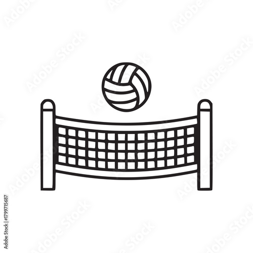 Outline drawing of a volleyball suspended above a net on a white background in a simple vector style