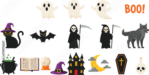 Large Set of Cute Cartoon Halloween Elements, Including Ghosts, Black Cat, Grim Reaper, Haunted House, and Magic Potions for Holiday Decoration Vector