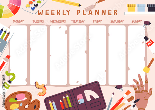 Weekly Planner Template for Artists and Creatives. Colorful flat vector weekly planner surrounded by art supplies like paints, pencils, brushes, and creative tools for artistic scheduling.