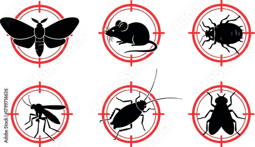 Insect and Pest Control Target Vector Icons with Butterfly Rat Mosquito and Bug Symbols for Vector Design