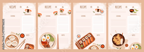 Asian Cuisine Themed Recipe Card Templates Set. Flat vector set of printable recipe cards featuring sushi, ramen, dumplings, and skewers with spaces for ingredients, steps, and notes.