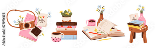 Cozy Reading and Journaling Moments with Coffee and Flowers. Flat vector illustration of books, journals, coffee, flowers, and cameras arranged in peaceful, creative, and relaxing lifestyle scenes.