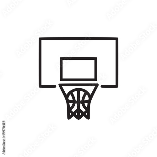 A minimalist line drawing of a basketball hoop and net isolated on a white background in simple style