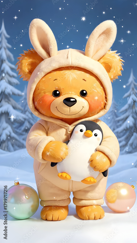 Fototapeta premium Adorable bear in bunny hoodie hugging penguin plush – winter nursery art