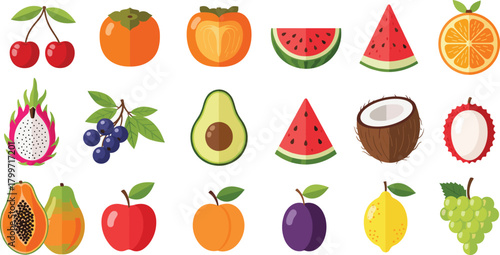 Large Collection of Colorful Flat Design Fruit Icons Set, Including Persimmon, Watermelon, Avocado, Dragon Fruit, and Papaya for Healthy Food and Diet Vector