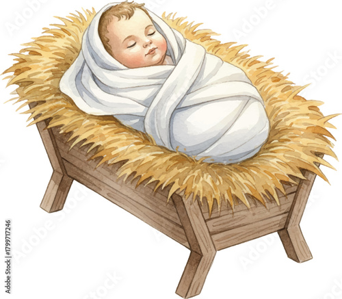 Watercolor Illustration of Baby Jesus Sleeping in Manger with Hay