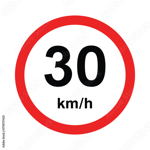 30 kmh speed limit sign isolated on, indicating maximum speed