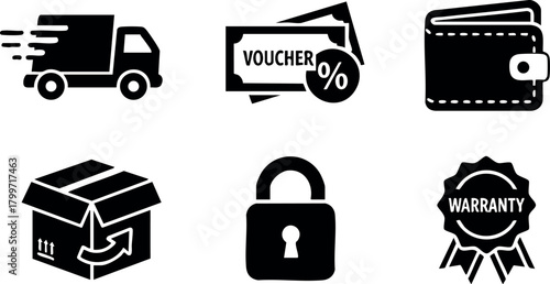 Delivery truck fast shipping voucher discount wallet package lock warranty icons vector set