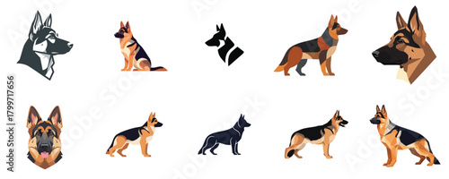 Pastor Aleman Dog Poses Vector Set. German Shepherd Character Illustrations in Flat Design Style for Mascot and Action Graphics