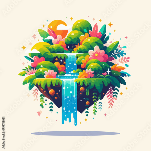 Vibrant Floating Island with Lush Greenery, Waterfall, and Cartoon Style