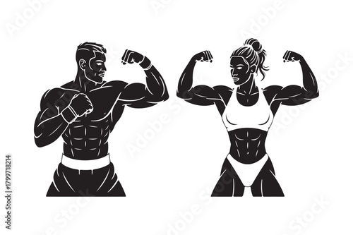 Muscular man and woman flexing biceps in silhouette