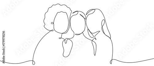 A group of three women, beautiful in one continuous line. Dynamic single line draw design vector illustration Editable stroke.
