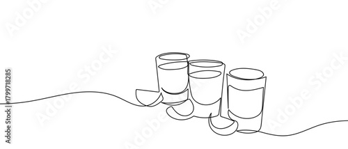Shots and lemons in one continuous line Dynamic single line draw design vector illustration Editable stroke.