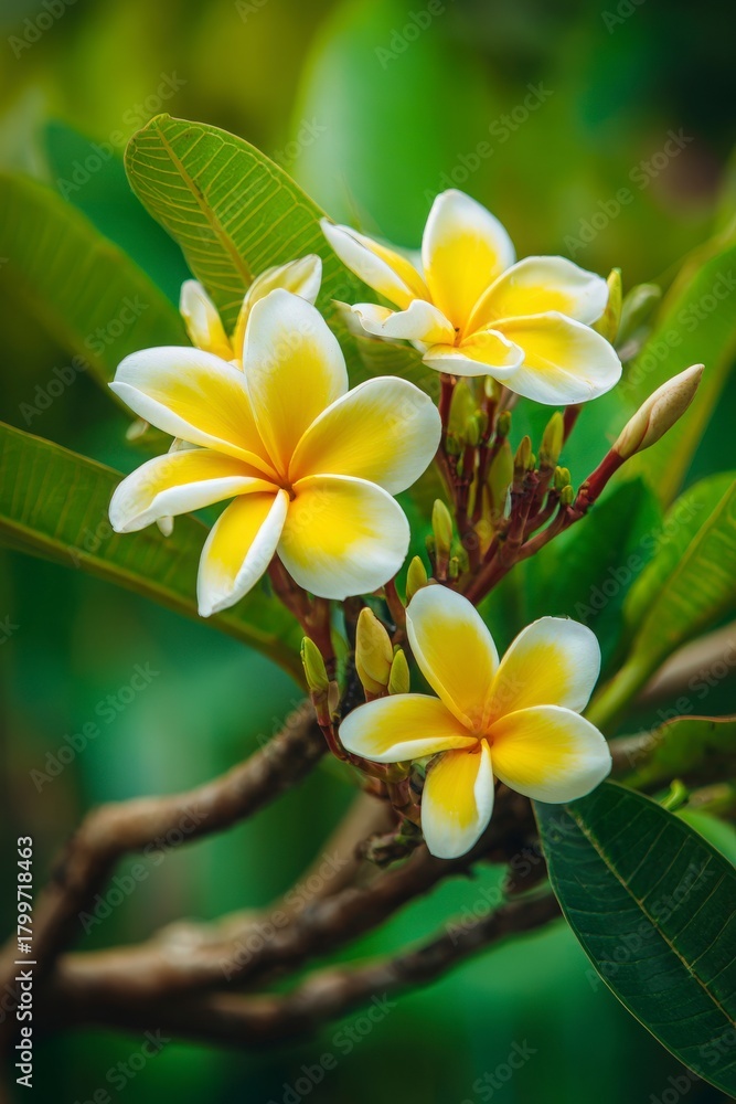 Fototapeta premium Three yellow and white flowers are on a green branch