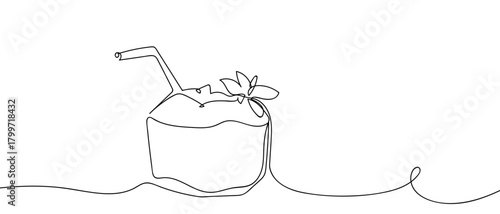 Refreshing coconut water, one continuous line Dynamic single line draw design vector illustration Editable stroke.