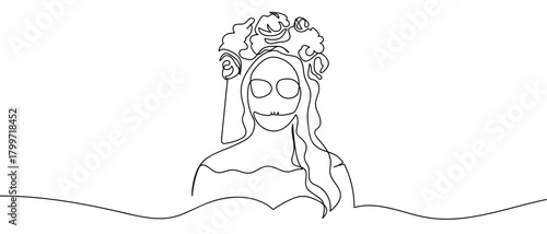 Woman with skull makeup, one continuous line Dynamic single line draw design vector illustration Editable stroke.