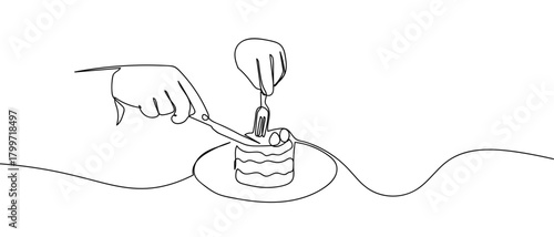 Hand holding a knife and fork, scooping up cake, one continuous line. Dynamic single line draw design vector illustration Editable stroke.