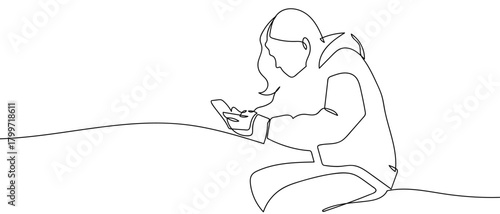 A woman is sitting and using a smartphone, one continuous line. Dynamic single line draw design vector illustration Editable stroke.