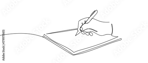 A hand is using a pen to write on a notebook, one continuous line. Dynamic single line draw design vector illustration Editable stroke.