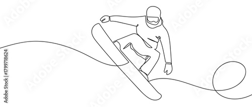 Snowboarders are jumping in a single continuous line. Dynamic single line draw design vector illustration Editable stroke.