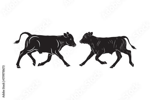 Two silhouetted bulls charging forward on a white background