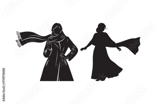 Silhouettes of two women in flowing traditional clothing with scarves