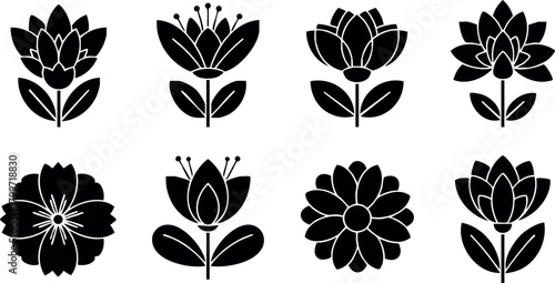 Black silhouette flower icons with various petal shapes and leaf designs in vector format for floral graphic resources and decorative use