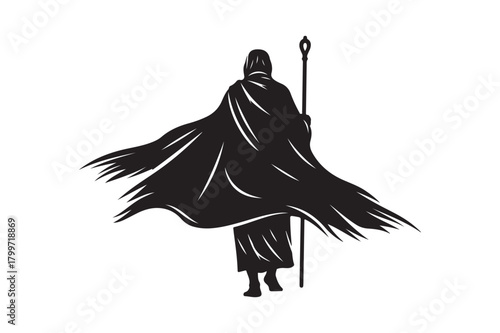 Mysterious figure in flowing black robes holding a staff