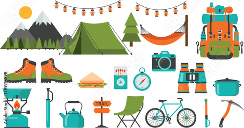 Large Collection of Camping, Hiking, and Outdoor Adventure Elements Set, Featuring Tent, Backpack, Boots, Compass, and Cooking Gear Flat Vector