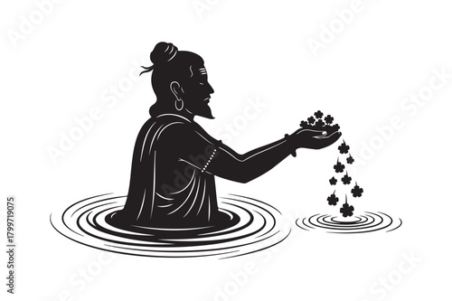 Silhouette of a man in water pouring stars from his hands