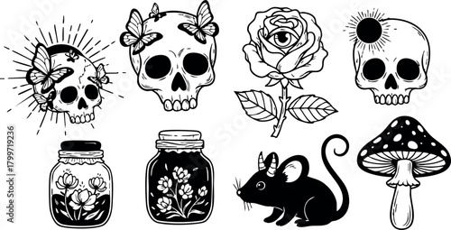 Black and white gothic skulls with butterflies rose mouse mushroom and jars vector design set for tattoo or sticker art