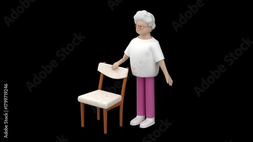 Animation of a senior woman character doing a standing side leg rise. Aged female character doing stability exercise using a chair, alpha channel, 3d render