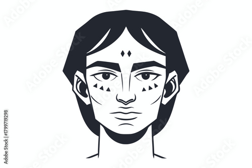 Minimalist design depicts a lightskinned woman with black hair and facial tattoos in striking detail