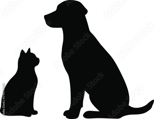 PrintCat and dog silhouettes, pet animal icons, black sitting figures, white background, domestic pets graphic, minimal design, companion animals art
