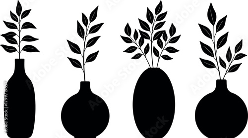 Set of four black silhouette vases with leafy branches, isolated on white background, modern minimalist home decor vector illustration.